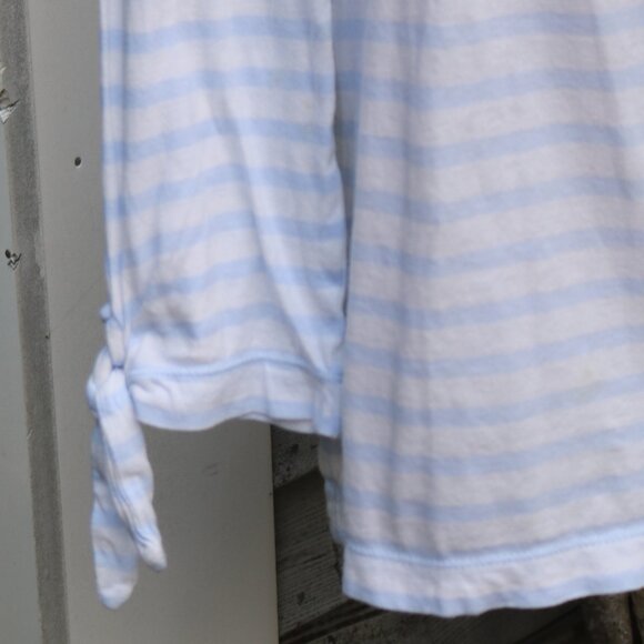 J Crew Periwinkle Blue White Stripe Round Neck Tie Cuff Cotton Tee Sz LARGE - Picture 2 of 7
